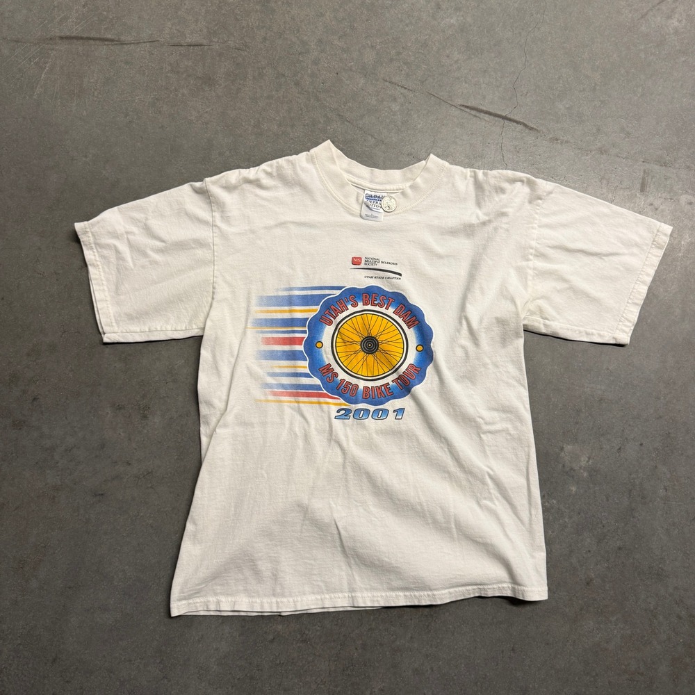 Vintage 2001 Utahs Best Dam MS 150 Bike Tour T-Shirt White Large Gildan Y2K Tee